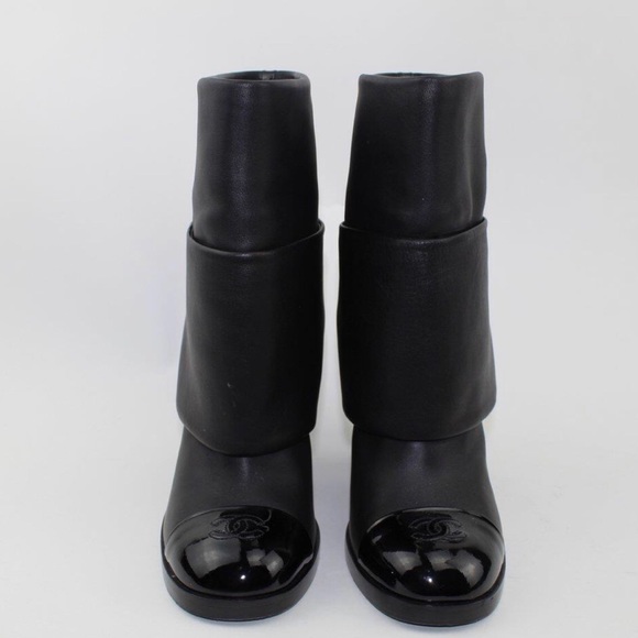 CHANEL CALF LEATHER PATENT CAP TOE FOLD OVER BOOTS - Picture 2 of 7